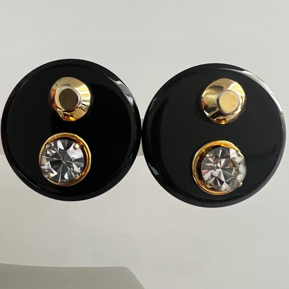 VTG Earrings Oversized Chunky Clip On Black Plastic Rhinestone 80's